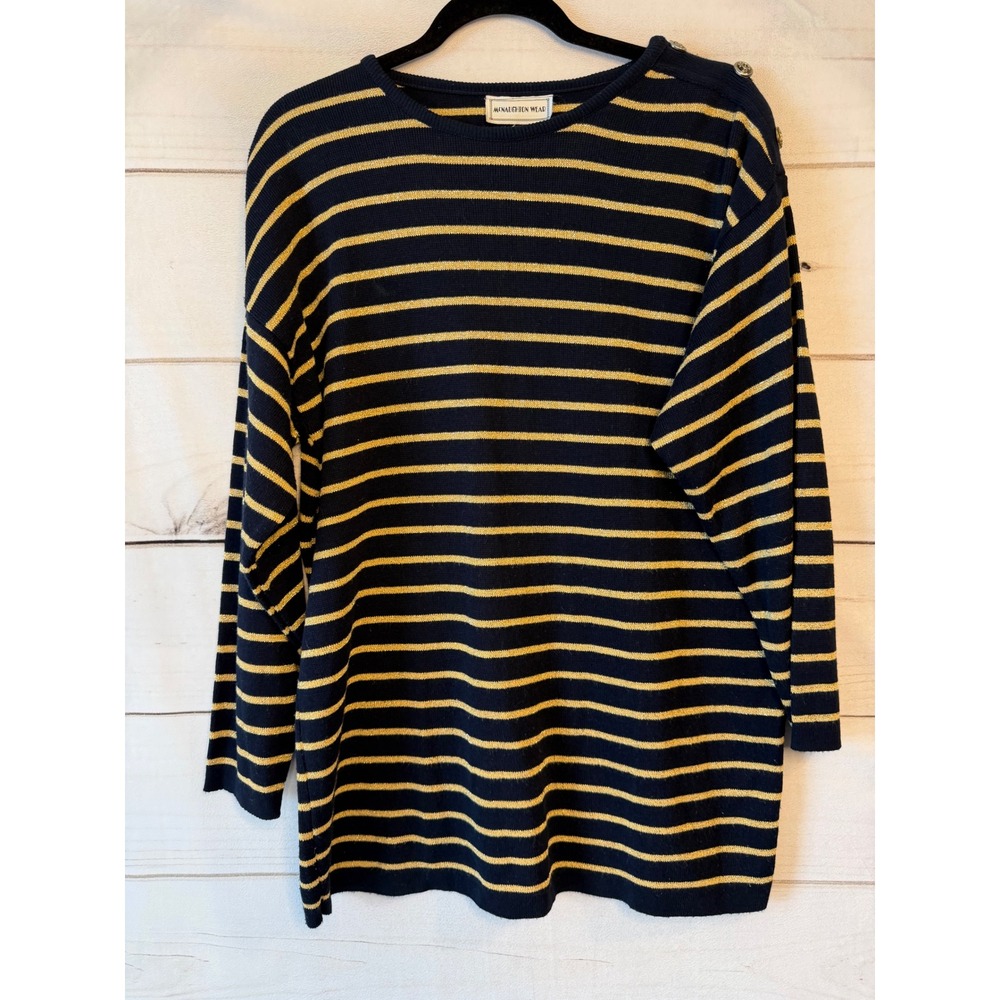 McNaughton Wear Vintage Navy Gold Metallic Striped Anchor Button Sweater Womens